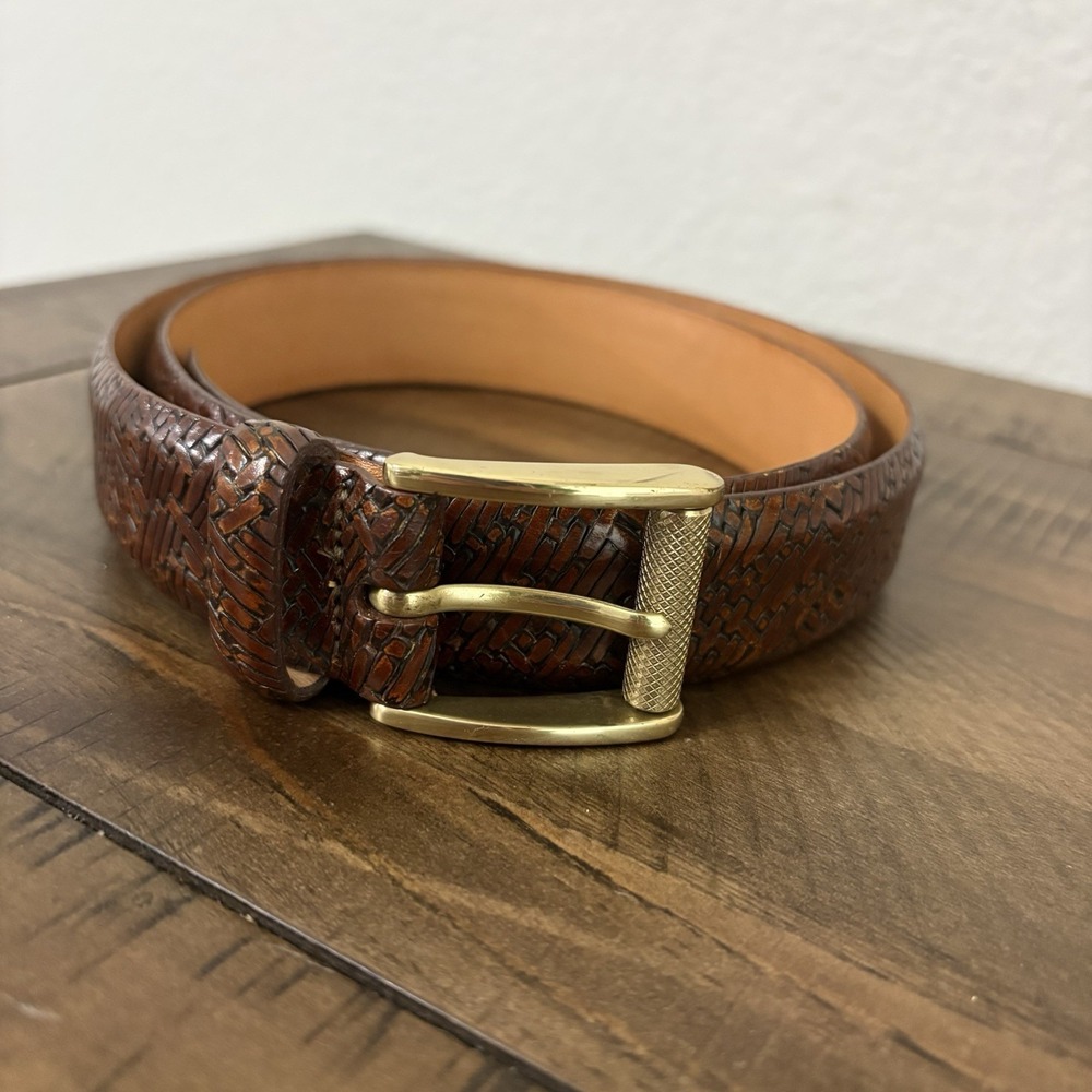 Martin Dingman Mens Leather Intricate Braid Belt Gold Buckle Italy 34